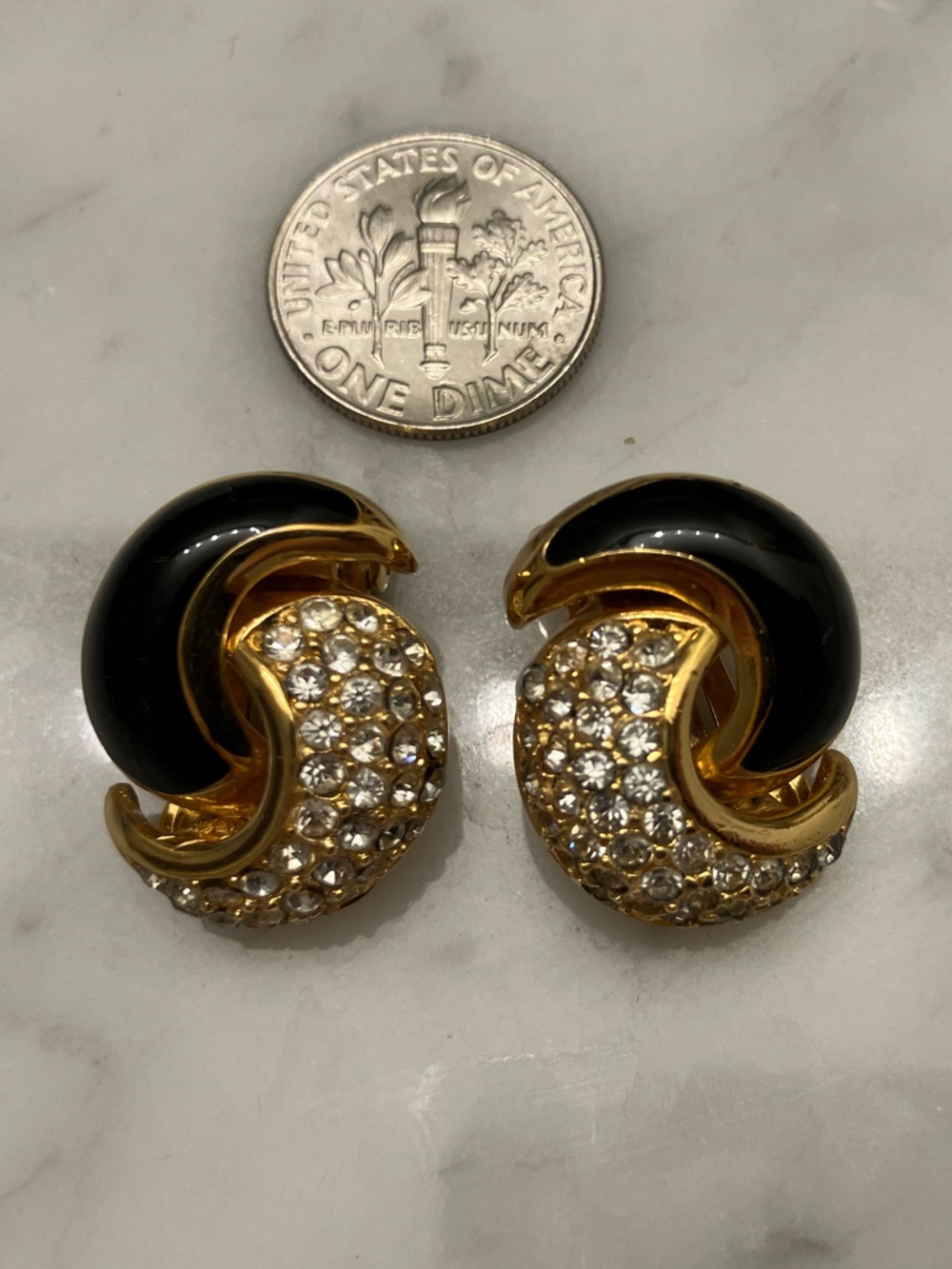 Christian Dior Gold Tone Black Enamel and Rhinestone Clip-On Earrings